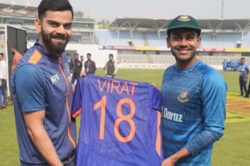 BAN vs IND: Mehidy Hasan Miraz reacts after receiving a signed jersey from Virat Kohli