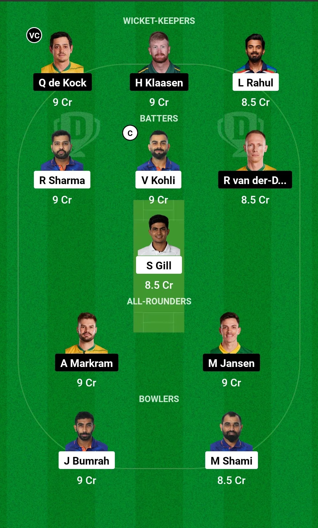 IND vs SA Dream11 Team