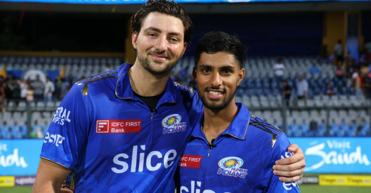 Tilak Varma and Tim David of Mumbai Indians (MI) swap jerseys after IND vs AUS Series