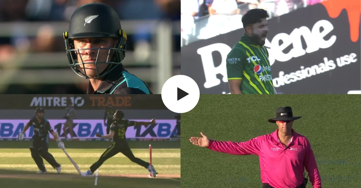 NZ vs PAK [WATCH]: Drama unfolds at Eden Park as no-ball eclipses Aamer Jamal’s fiery celebration on Finn Allen’s dismissal